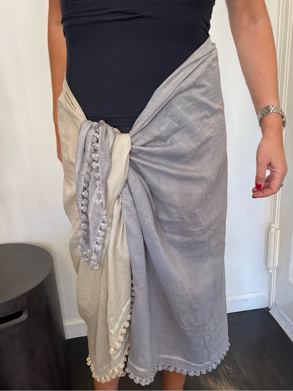 Matt’s Light Gray and Cream Pom Pom Sarong Wrap/ Scarf